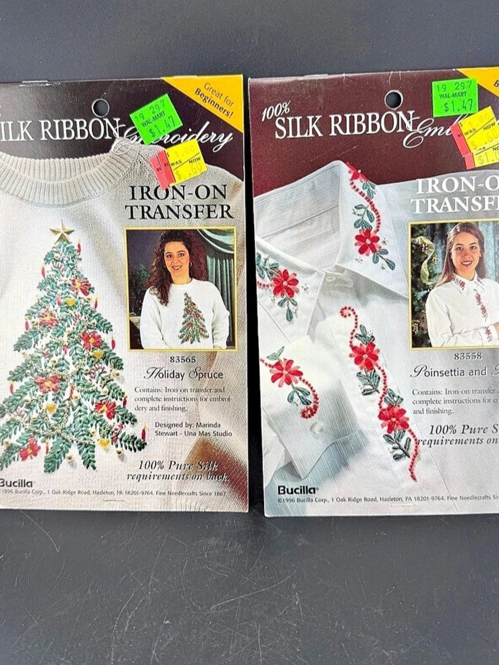 2 Bucilla Holiday Spruce and Poinsettia and Pearls Silk Ribbon Iron-On Transfers